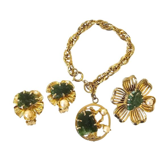 VTG Unsigned Kramer Jade Tree Bracelet Faux Pearl Clipon Earring Brooch Set Gold - Picture 2 of 16